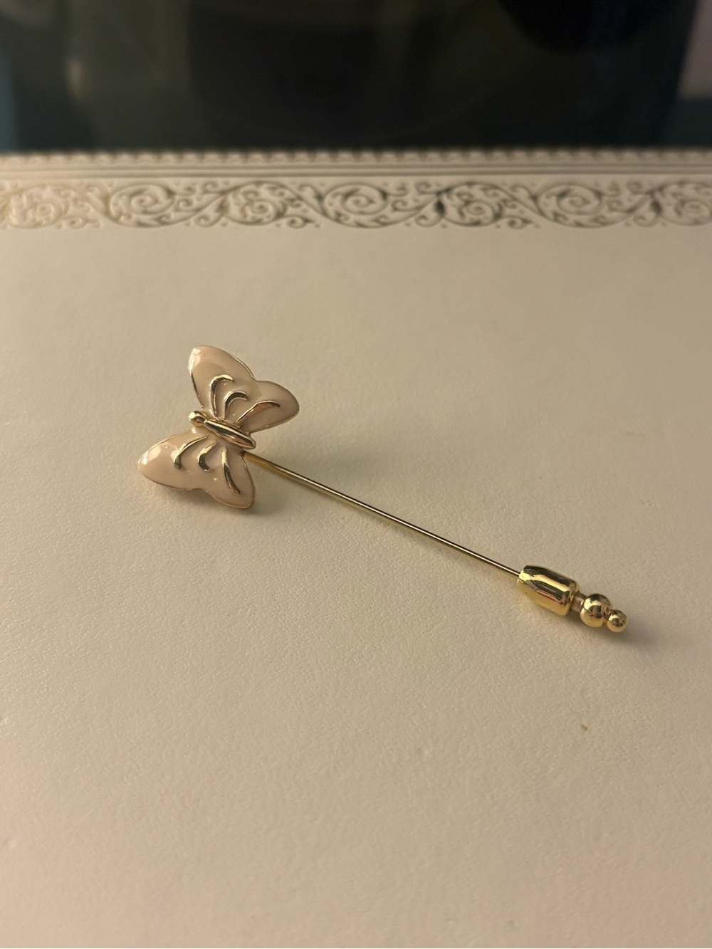 Trifari Gold Butterfly Stick Pin with Cream Accents